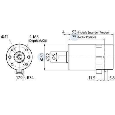 Nisca Servo DC Motor With Encoder NF5475E DC 24V To 38V And 3500 To 5000RPM - front view dimensions, side profile measurements, and mounting hole specifications.