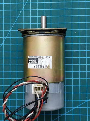 Nisca Servo DC Motor With Encoder NF5475E DC 24V To 38V And 3500 To 5000RPM - a cylindrical gold-colored motor with a metal shaft, a white connector port, and attached black, white, and red wires.