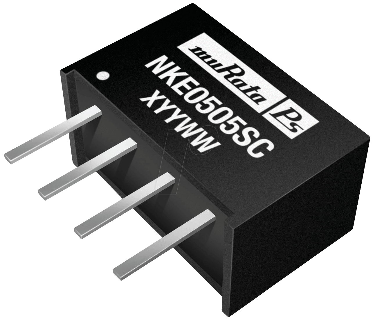 NKE0505SC 4 SIP Module - a black rectangular electronic component with four silver pins extending from one side and white text printed on the top.