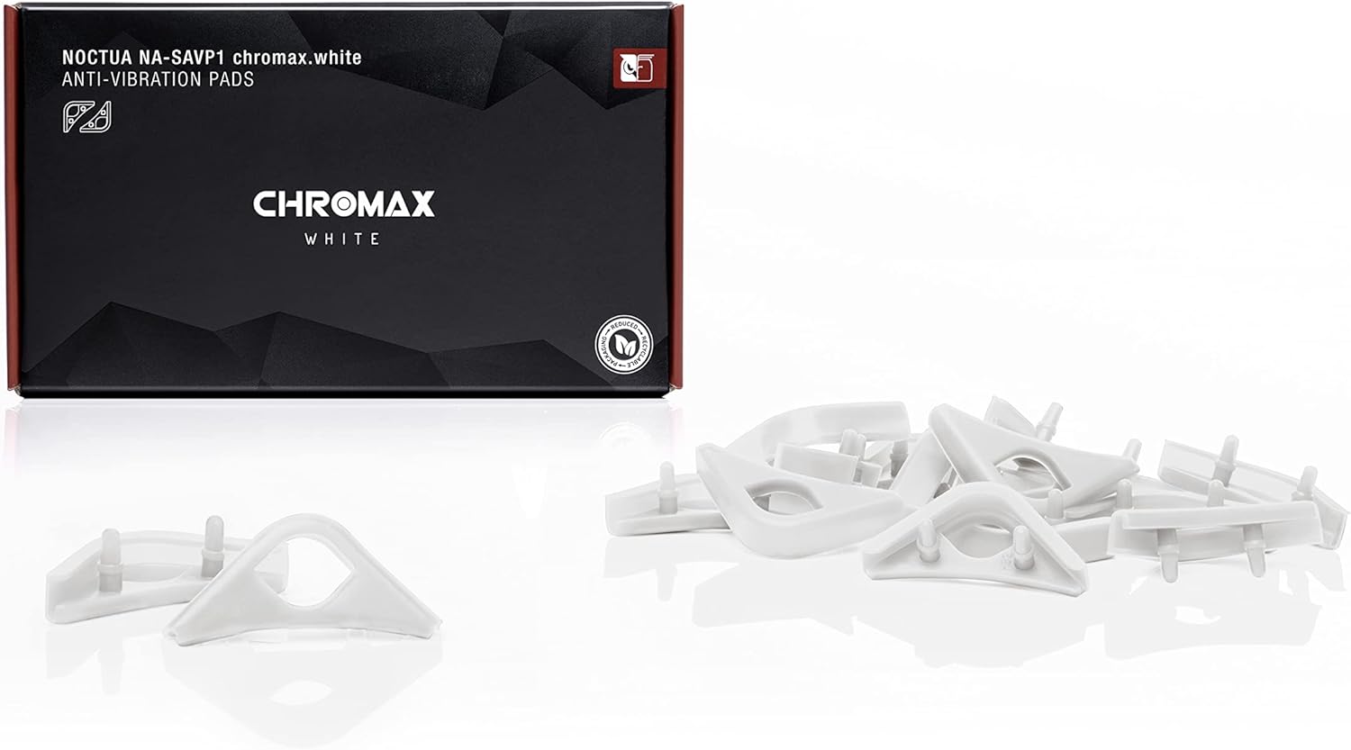 Noctua NA-SAVP1 chromax.White, Anti-Vibration Pads - shown with their black product box and a collection of white silicone corner mounting pieces.