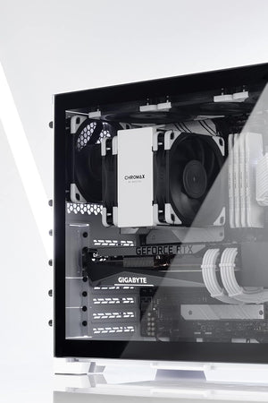Noctua NA-SAVP1 chromax.White, Anti-Vibration Pads - installed on a black Noctua CPU cooler fan inside a white computer case.