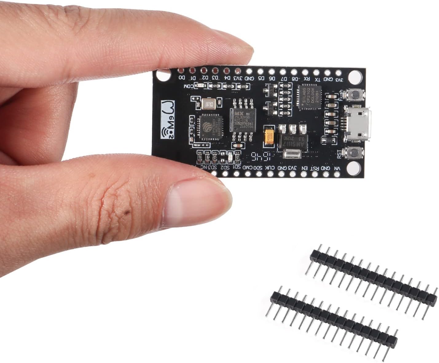 Node-MCU Lua CP2102 NodeMCU V3 Lua WiFi Module Integration of ESP8266 + Extra Memory 32M Flash, USB-Serial CP2102 for Arduino PRICE - a black rectangular circuit board with a micro-USB port and two buttons, held by a hand with two pin header strips below.