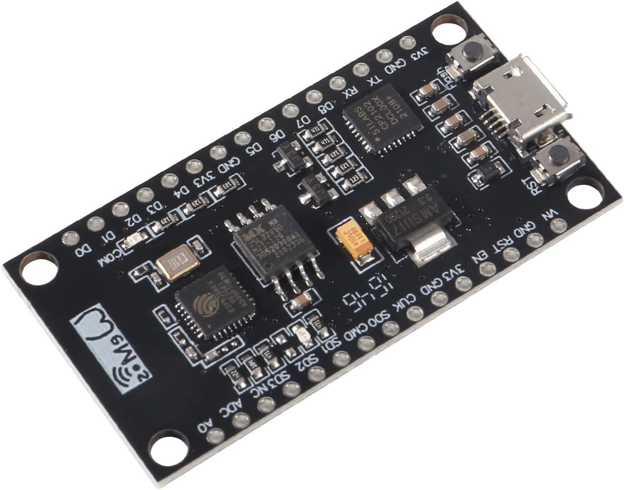 Node-MCU Lua CP2102 NodeMCU V3 Lua WiFi Module Integration of ESP8266 + Extra Memory 32M Flash, USB-Serial CP2102 for Arduino PRICE - a black rectangular circuit board with a micro-USB port, two push buttons, and labeled pin headers on both sides.