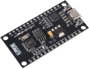 Node-MCU Lua CP2102 NodeMCU V3 Lua WiFi Module Integration of ESP8266 + Extra Memory 32M Flash, USB-Serial CP2102 for Arduino PRICE - a black rectangular circuit board with a micro-USB port, two push buttons, and labeled pin headers on both sides.