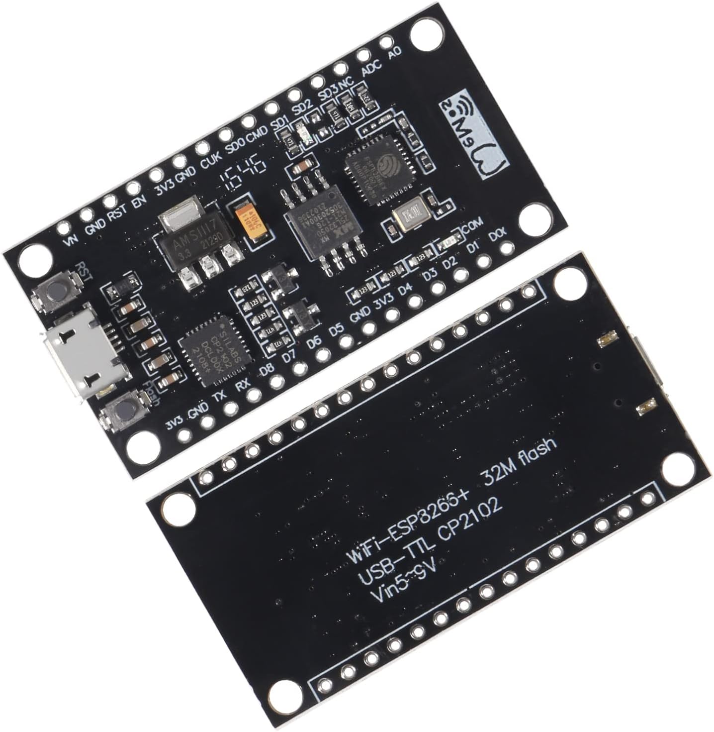 Node-MCU Lua CP2102 NodeMCU V3 Lua WiFi Module Integration of ESP8266 + Extra Memory 32M Flash, USB-Serial CP2102 for Arduino PRICE - two black ESP8266 development boards with a micro-USB port, two push buttons, and labeled pin headers.