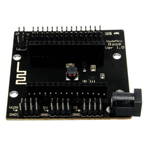 NodeMcu Sensor Shield GPIO Board - a black rectangular expansion board featuring two rows of pin headers, a DC power jack, and labeled GND pins.