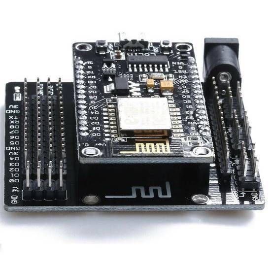 NodeMcu Sensor Shield GPIO Board - a black PCB with a mounted NodeMcu module, multiple pin headers, and a DC power jack.
