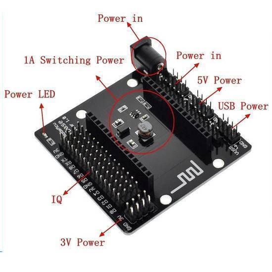 NodeMcu Sensor Shield GPIO Board - a black rectangular circuit board featuring a DC power jack, multiple pin headers, and labeled power indicators.