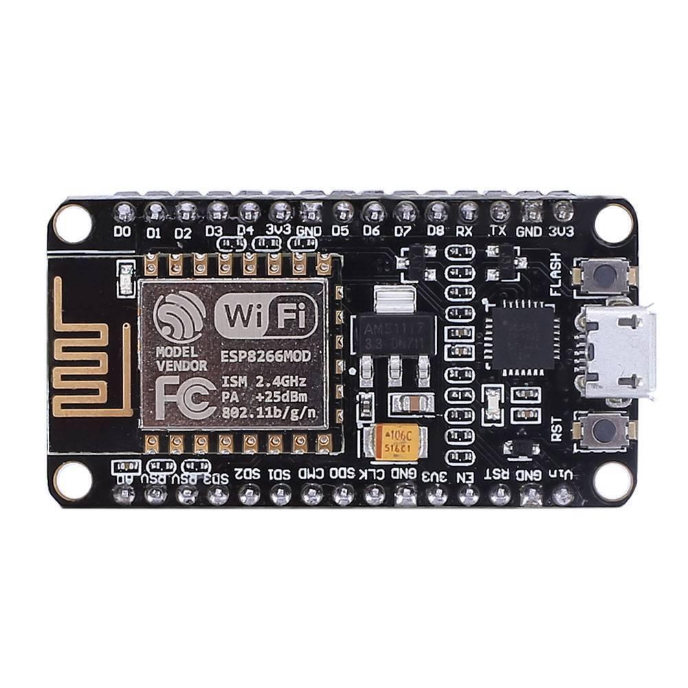 NodeMCU V2 Lua WiFi IOT Development Board ESP 12E ESP8266 - a black rectangular circuit board with a micro USB port, two buttons, and labeled pin headers.