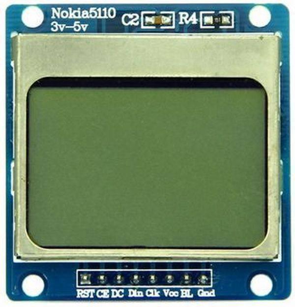 Nokia 5110 Monochrome Display Screen - a rectangular blue module with a green screen and eight bottom pins labeled RST, CE, DC, Din, Clk, Vcc, BL, and Gnd.