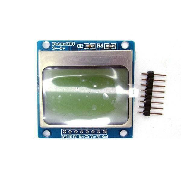 Nokia 5110 Monochrome Display Screen - a blue rectangular module with a silver frame, a green screen, and a separate eight-pin header strip.