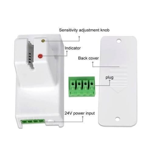 Non Contact Infusion Alarm Liquid Level Sensor Switch Xkc Y27 - shown with its white housing, sensitivity knob, indicator, back cover, and green plug.