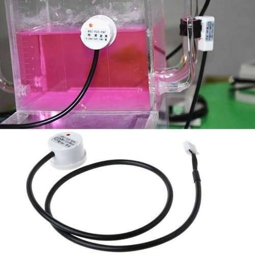 Non Contact Liquid Level Sensor Stick Type Water Detector Switch DC XKC-Y25-NPN - shown as a white circular sensor attached to a tank of pink liquid and as a standalone unit with a connector.