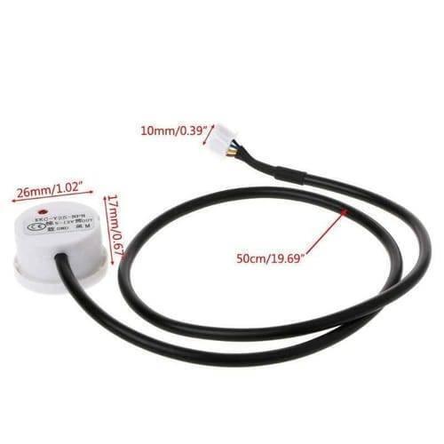 Non Contact Liquid Level Sensor Stick Type Water Detector Switch DC XKC-Y25-NPN - shown as a white cylindrical sensor with a black cable, a white connector, and red indicator light dimensions.