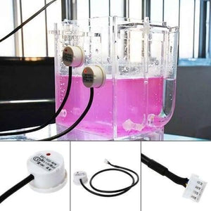 Non Contact Liquid Level Sensor Stick Type Water Detector Switch DC XKC-Y25-NPN - shown as a clear tank setup with two sensors attached, plus close-up views of the sensor and its connector.