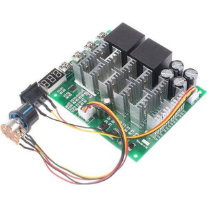 NOYITO PWM Motor Speed Controller 60A DC 10V-55V 12V 24V 36V 48V Digital Display 100A Max Brush DC Motor Controller - Third gear Forward Reverse Stop - with two black relays, four heatsinks, a digital display, a toggle switch, and a rotary knob.