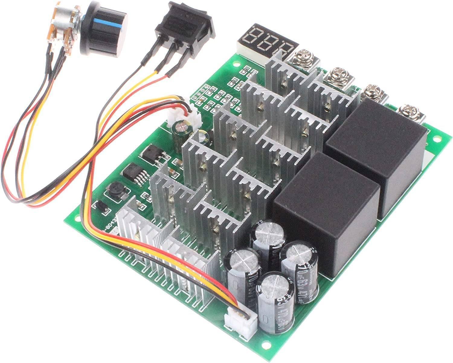 NOYITO PWM Motor Speed Controller 60A DC 10V-55V 12V 24V 36V 48V Digital Display 100A Max Brush DC Motor Controller - Third gear Forward Reverse Stop - with a green circuit board, two black relays, four heat sinks, a digital display, a rotary knob, and a rocker switch.