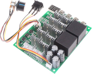 NOYITO PWM Motor Speed Controller 60A DC 10V-55V 12V 24V 36V 48V Digital Display 100A Max Brush DC Motor Controller - Third gear Forward Reverse Stop - with a green circuit board, two black relays, four heat sinks, a digital display, a rotary knob, and a rocker switch.