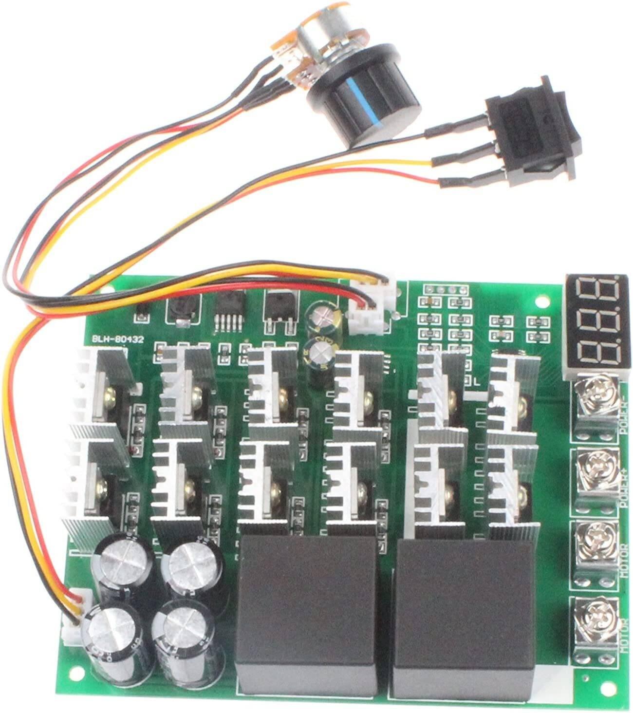 NOYITO PWM Motor Speed Controller 60A DC 10V-55V 12V 24V 36V 48V Digital Display 100A Max Brush DC Motor Controller - Third gear Forward Reverse Stop - with a green circuit board, four heatsinks, two black relays, a digital display, a rotary knob, and a toggle switch.
