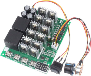 NOYITO PWM Motor Speed Controller 60A DC 10V-55V 12V 24V 36V 48V Digital Display 100A Max Brush DC Motor Controller - Third gear Forward Reverse Stop - with a green circuit board, two black relays, a digital display, a rocker switch, and a black rotary knob.