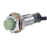 NPN PR12-4dn Autonics Cylindrical Inductive Proximity Sensor - shown as a silver-threaded metal cylinder with a green plastic tip and an attached black cable.