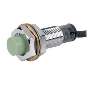NPN PR12-4dn Autonics Cylindrical Inductive Proximity Sensor - shown as a silver-threaded metal cylinder with a green plastic tip and an attached black cable.