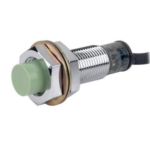 NPN PR12-4dn Autonics Cylindrical Inductive Proximity Sensor - shown as a silver-threaded metal cylinder with a green plastic tip and an attached black cable.