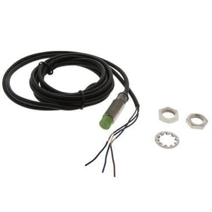 NPN PR12-4dn Autonics Cylindrical Inductive Proximity Sensor - a metal-threaded sensor with a green tip, attached cable, two nuts, and a washer.
