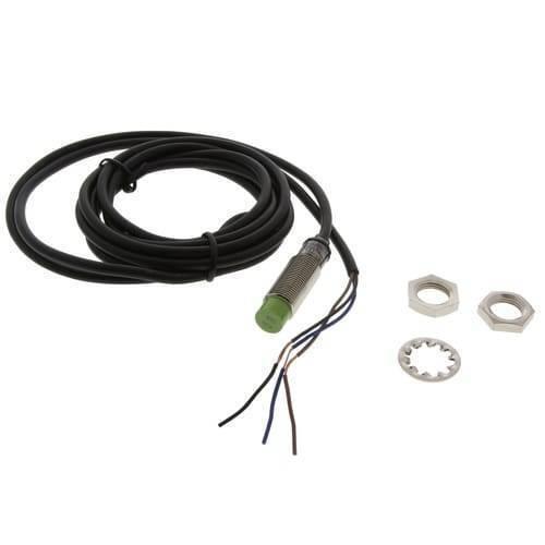 NPN PR12-4dn Autonics Cylindrical Inductive Proximity Sensor - a metal-threaded sensor with a green tip, attached cable, two nuts, and a washer.