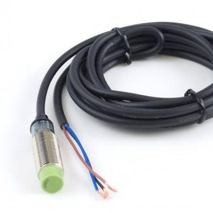 NPN PR12-4dn Autonics Cylindrical Inductive Proximity Sensor - shown as a silver metal cylindrical sensor with a green tip and a long black three-wire cable.