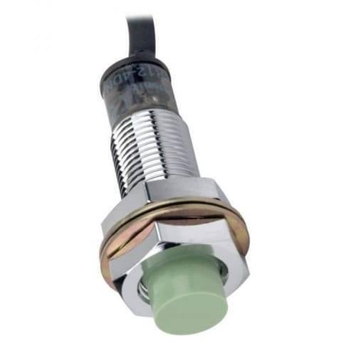 NPN PR12-4dn Autonics Cylindrical Inductive Proximity Sensor - a metallic threaded sensor with a green cylindrical tip and an attached black power cable.