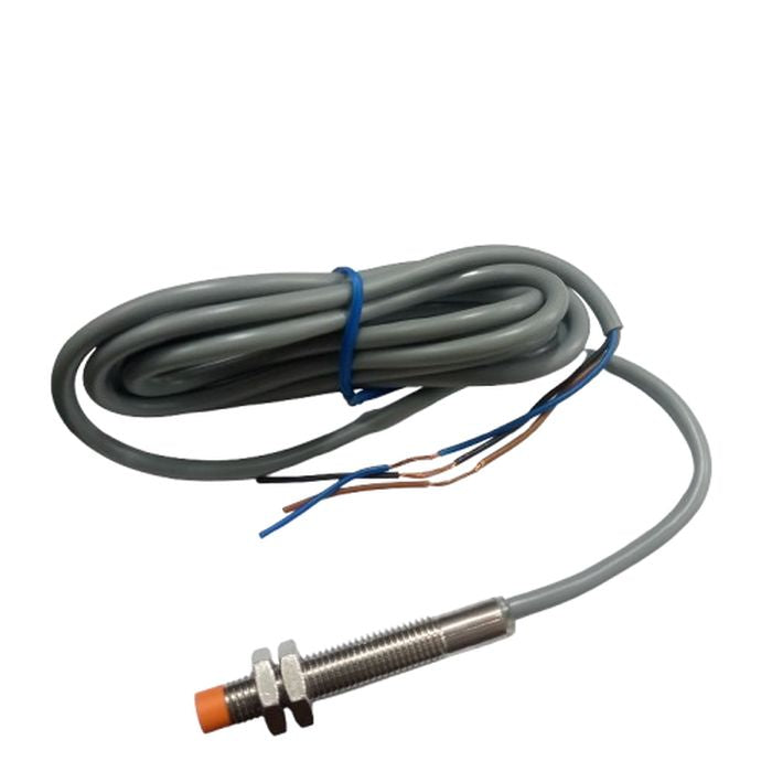 NPN Proximity Sensor - shown as a cylindrical metal threaded probe with an orange tip, attached to a long grey cable with three exposed wire ends.