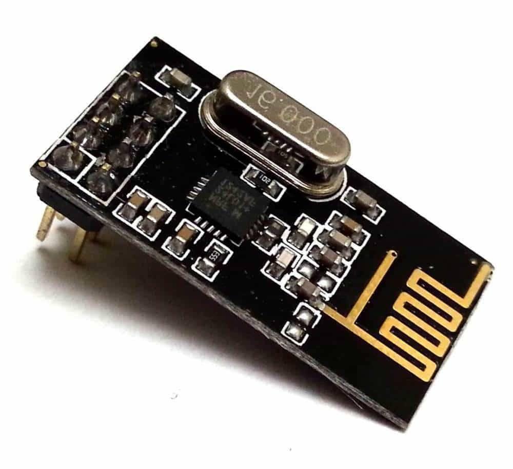 NRF24L01 2.4GHz Wireless Transceiver Module - a black circuit board, a metal crystal oscillator, an integrated antenna, and an eight-pin connector.