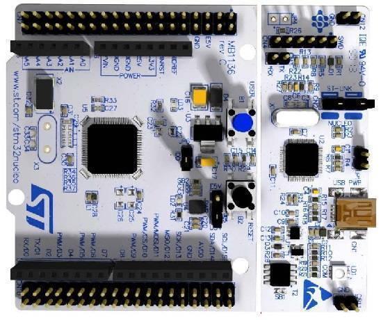 Nucleo F103RB STM32 Nucleo-64 Development Board - a white rectangular circuit board with a central chip, two push buttons, and a USB port.