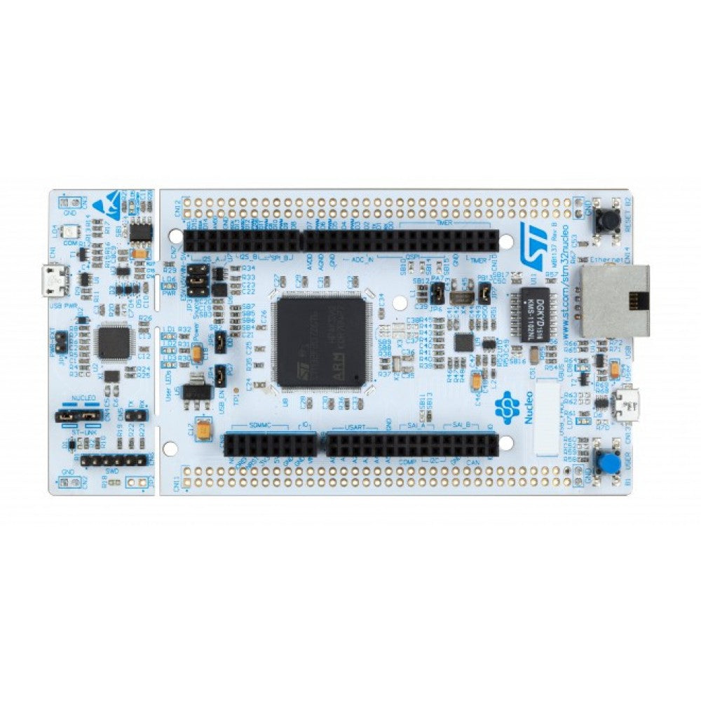 NUCLEO-F746ZG STM32F746 Development Board - a white rectangular circuit board featuring a central processor, multiple pin headers, Ethernet and USB ports.
