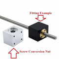 Nut Housing Bracket For 8mm T8 Trapezoidal Lead Screw Conversion Nut Seat Aluminum Block 15 3d Printing Parts - a silver aluminum block and a black block mounted on a threaded rod as a fitting example.