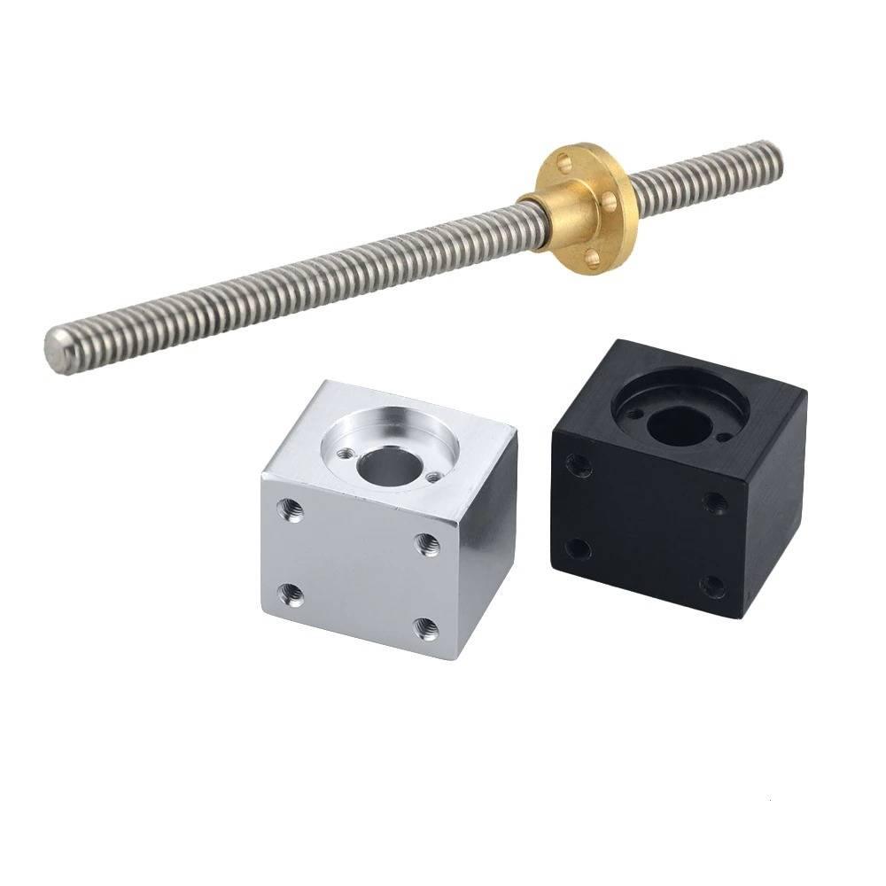Nut Housing Bracket For 8mm T8 Trapezoidal Lead Screw Conversion Nut Seat Aluminum Block 15 3d Printing Parts - a metal lead screw with a brass nut and two square aluminum mounting blocks in silver and black.