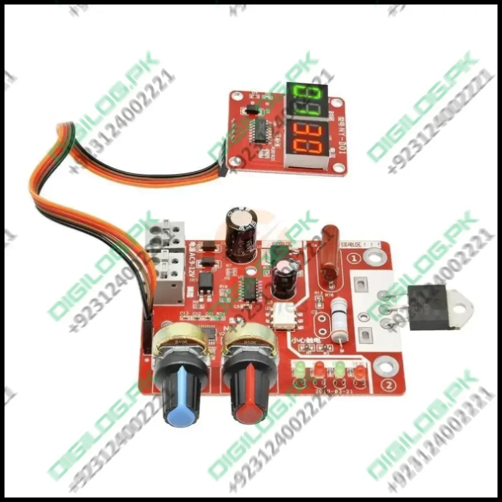 NY-D01 40A Digital Display Spot Welding Controller Ammeter Spot Welders Control Board Price - with a red PCB, two potentiometers, a digital display module, and a black power transistor.