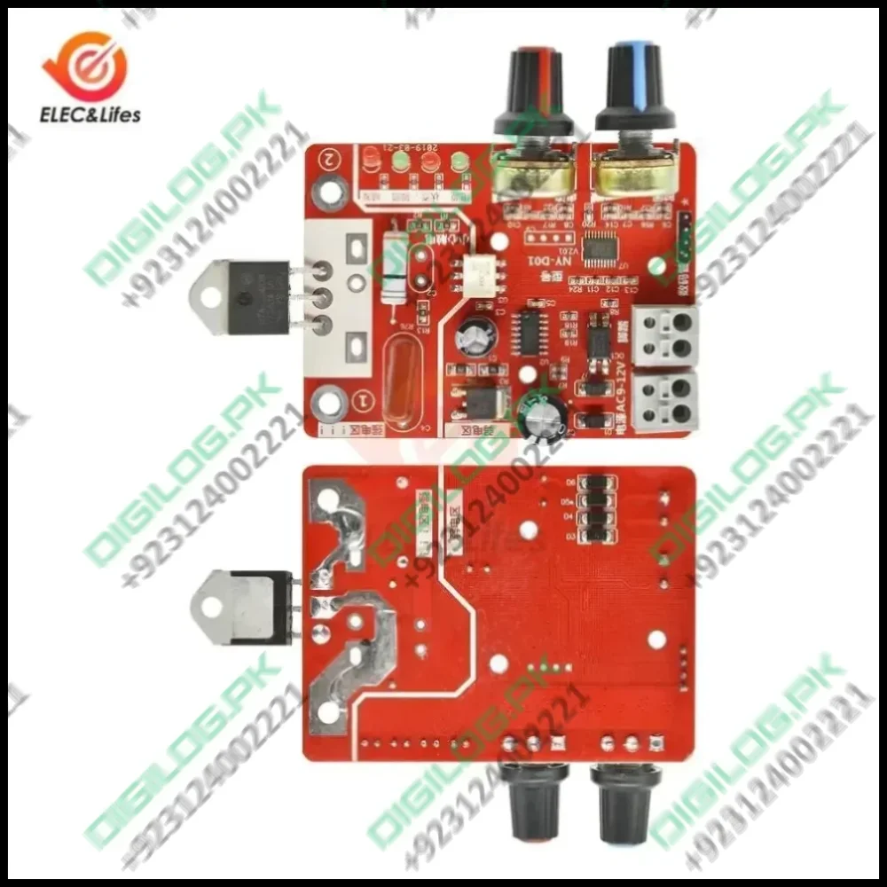 NY-D01 40A Digital Display Spot Welding Controller Ammeter Spot Welders Control Board Price - the red circuit board from top and bottom views, including two knobs and terminal connectors.