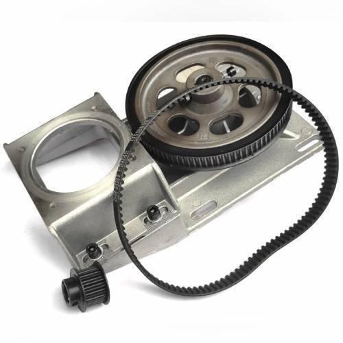 Oblique Teeth NEMA34 Helical Gearbox With Timing Belt For CNC Machine - silver metal mounting plate, a large circular gear, a small black toothed pulley, and a black timing belt.