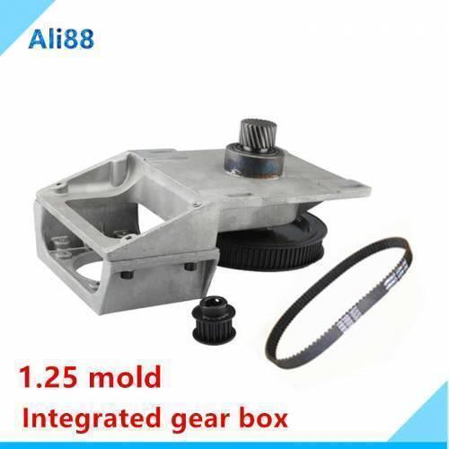 Oblique Teeth NEMA34 Helical Gearbox With Timing Belt For CNC Machine - silver metal housing, a black timing pulley, a small gear, and a black timing belt.