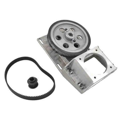 Oblique Teeth NEMA34 Helical Gearbox With Timing Belt For CNC Machine - silver metal mounting bracket, a large circular gear, a separate small black gear, and a black timing belt.