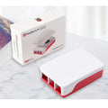 Official Raspberry Pi Case for Raspberry Pi 5, Built-in Cooling Fan, Red/White Color - the red and white assembled case next to its white retail packaging box.