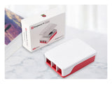 Official Raspberry Pi Case for Raspberry Pi 5, Built-in Cooling Fan, Red/White Color - the red and white assembled case next to its white retail packaging box.
