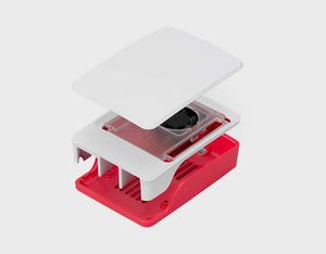 Official Raspberry Pi Case for Raspberry Pi 5, Built-in Cooling Fan, Red/White Color - an exploded view of the red base, white middle section with a cooling fan, and white top cover.