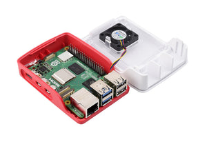 Official Raspberry Pi Case for Raspberry Pi 5, Built-in Cooling Fan, Red/White Color - shown open with a Raspberry Pi 5 board inside and a cooling fan attached to the lid.