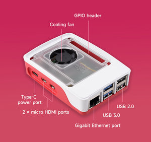 Official Raspberry Pi Case for Raspberry Pi 5, Built-in Cooling Fan, Red/White Color - the cooling fan, GPIO header, USB ports, Ethernet port, and HDMI ports.