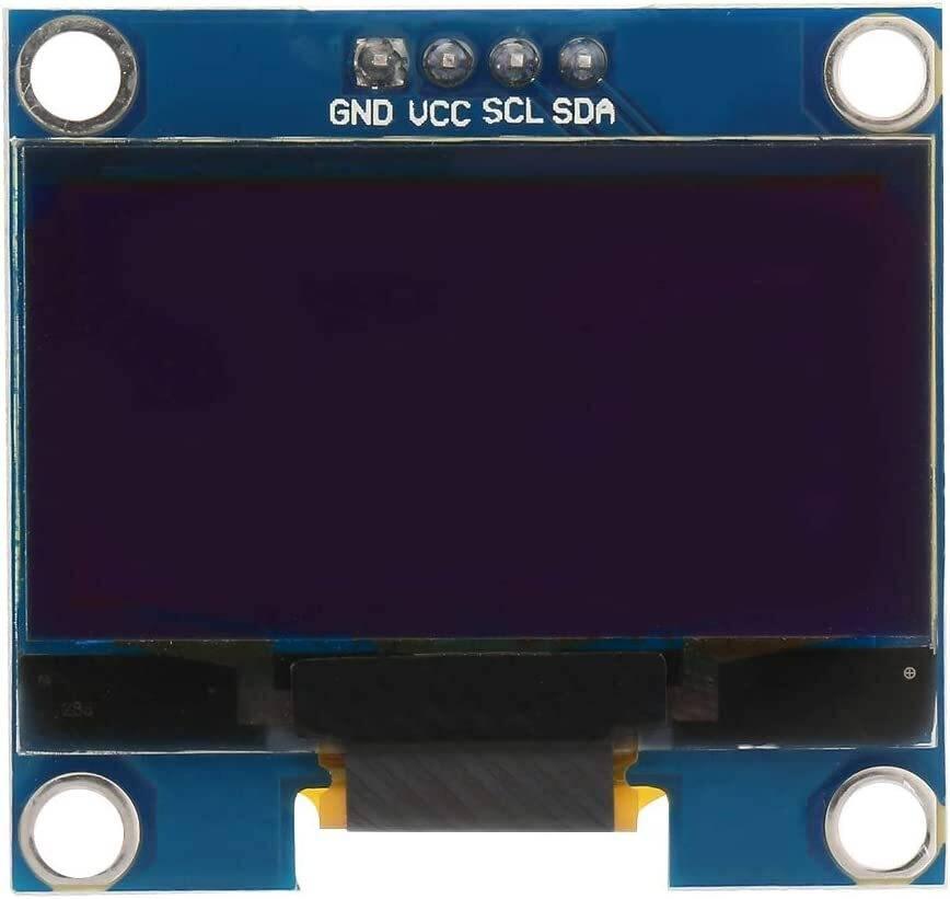 OLED 1.3 Inch Display Module 128x64 I2C Communicate 4pin SSD1106 Blue Text Color - rectangular screen mounted on a blue PCB with four pin connectors labeled GND, VCC, SCL, and SDA.