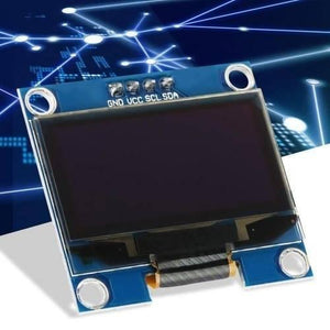 OLED 1.3 Inch Display Module 128x64 I2C Communicate 4pin SSD1106 Blue Text Color - rectangular circuit board with a black screen and four pin headers labeled GND, VCC, SCL, and SDA.