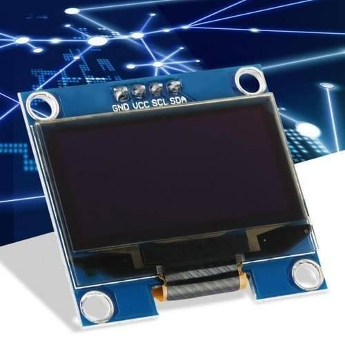 OLED 1.3 Inch Display Module 128x64 I2C Communicate 4pin SSD1106 Blue Text Color - rectangular circuit board with a black screen and four pin headers labeled GND, VCC, SCL, and SDA.